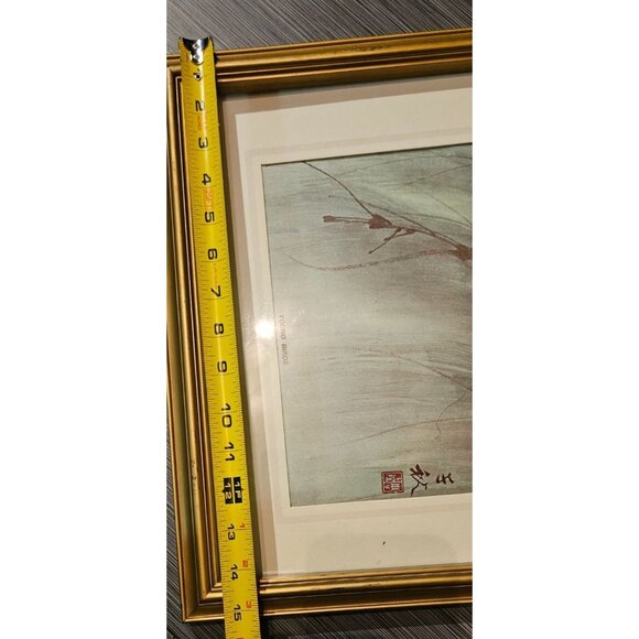 Vintage Framed Print "Young Birds" Asian Gold Frame 15x19 Inches Signed - Picture 5 of 7